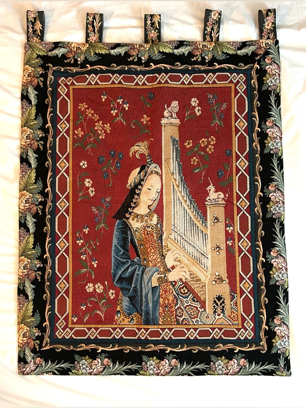 Dame A La Licorn Lady & Unicorn Hearing Organ Renaissance Tapestry Wall Hanging